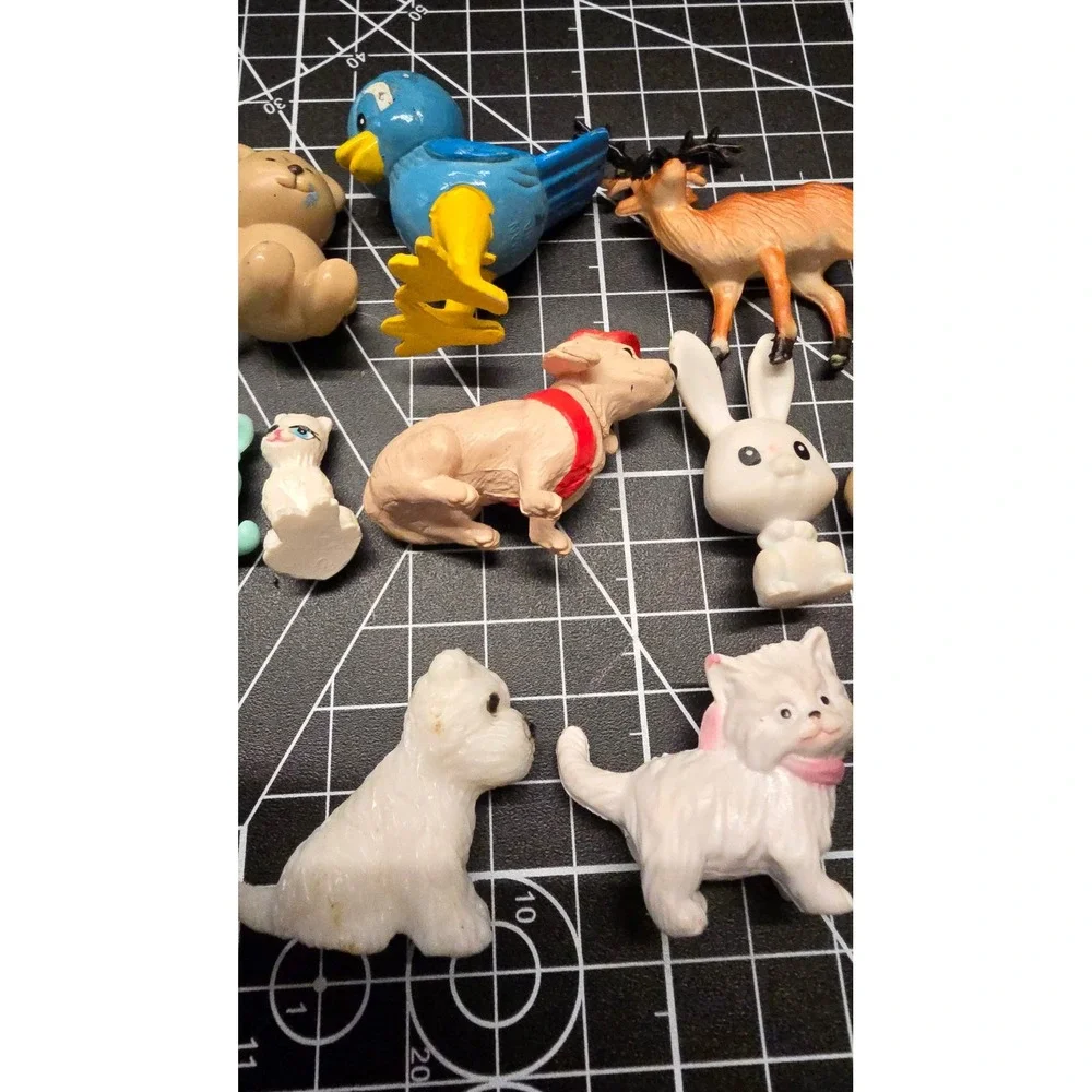 Vintage Mixed Animal Figurine Lot Miniature Plastic PVC Deer Cat Dog Caterpillar